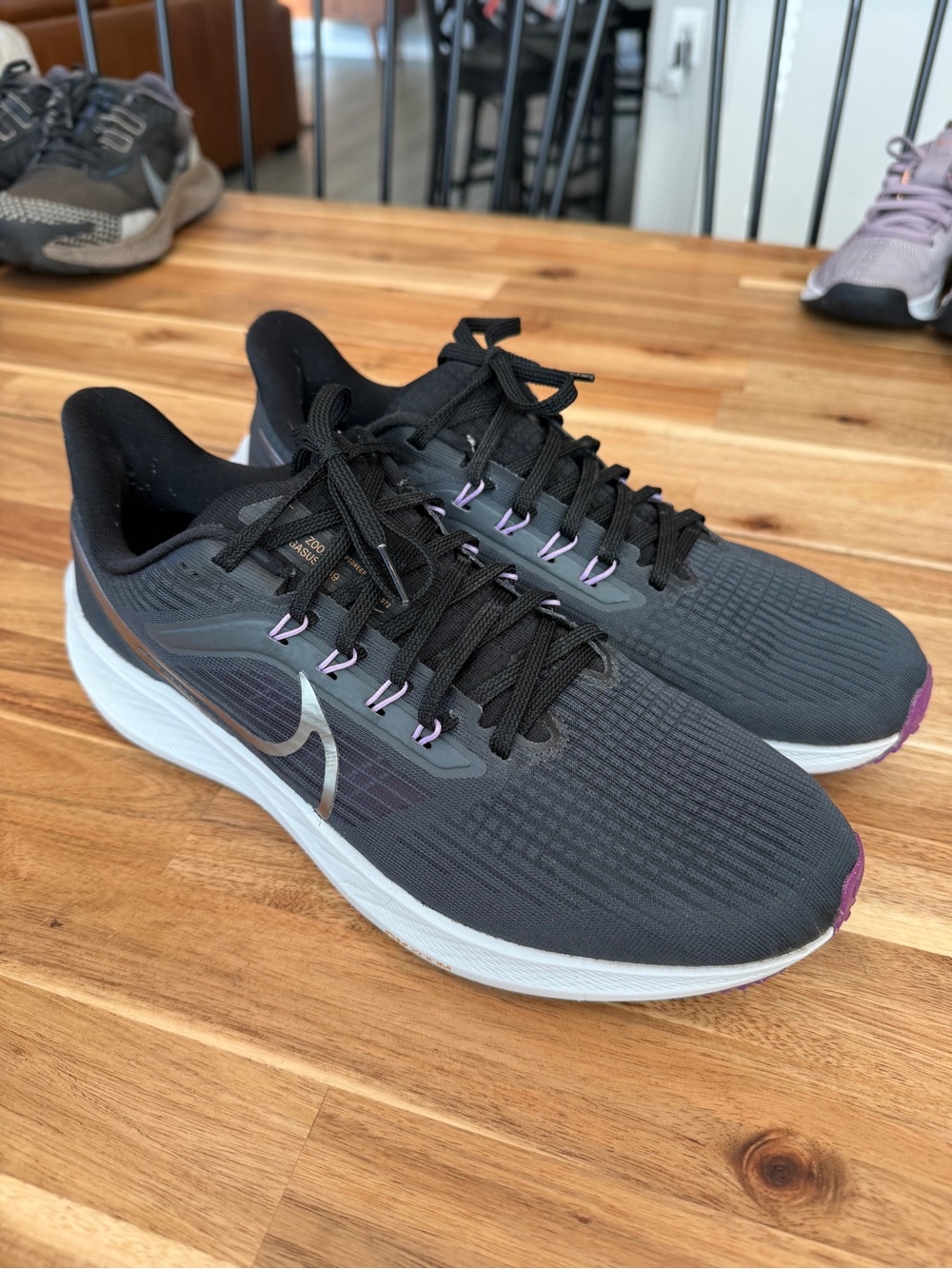 Nike Mens Pegasus Zoom Black Running Shoes with Purple Accents